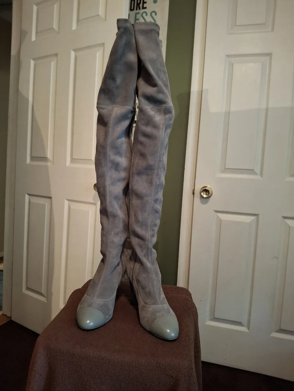 CHANEL Light Gray Suede Over-the-Knee Boots with Patent Toe Comes With Box.